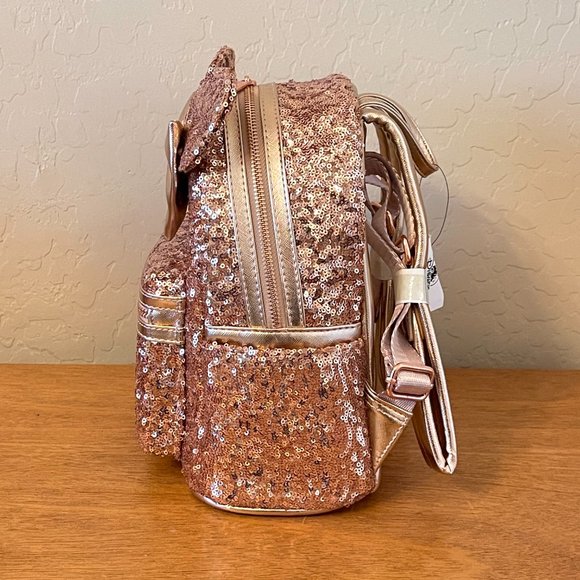 New Disney Parks Loungefly Backpack Bag Rose Gold Sequin NWT - Picture 2 of 7